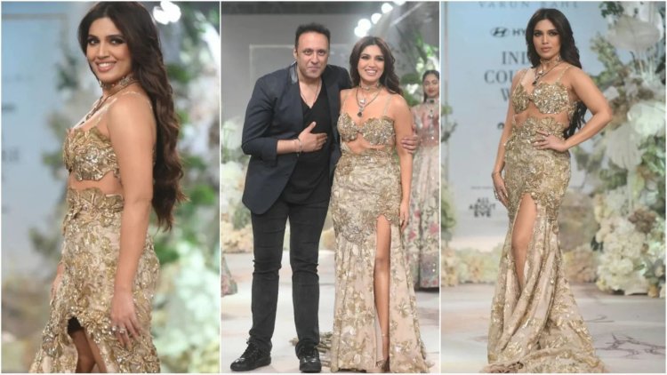 "Bhumi Pednekar Dazzles as Showstopper for Varun Bahl in a Mesmerizing Gold Ensemble at ICW | Latest Fashion Highlights"