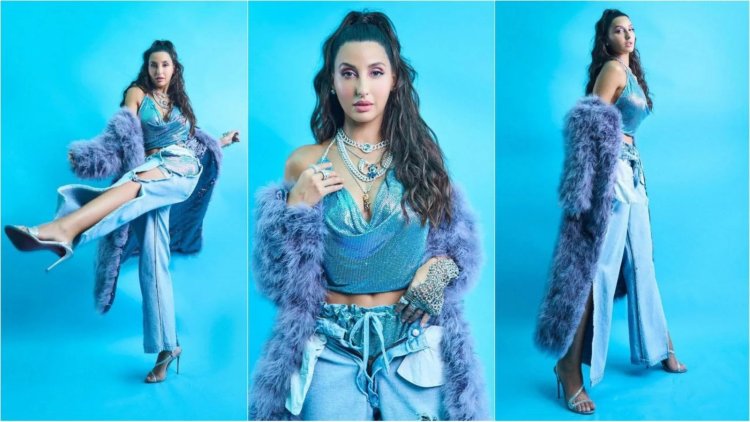 Nora Fatehi Transforms into a Dazzling Disco Diva: Shimmering Blue Top and Inside-Out Denim Pants Set New Fashion Trends. View Photos Inside!